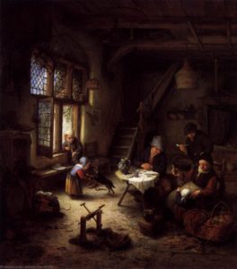 FAMILIA DE CAMPESINOS EN EL INTERIOR DE UNA CABAÑA. ADRIAEN VAN OSTADE. Semper Gallery, Dresden (1680)