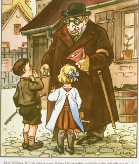 CARICATURA 2 DE UN LIBRO DE TEXTO NAZI. La leyenda dice 'No te fíes de lo que te da un judío, siempre te pedirá algo a cambio'