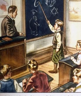 CARICATURA 3 DE UN LIBRO DE TEXTO NAZI. La leyenda dice 'La nariz judía es torcida en la punta. Parece el número 6'