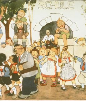 CARICATURA DE UN LIBRO DE TEXTO NAZI. Observa como están representados los personajes que aparecen. ¿Cuáles son judíos y cuales no? ¿qué actitud tienen unos y otros?